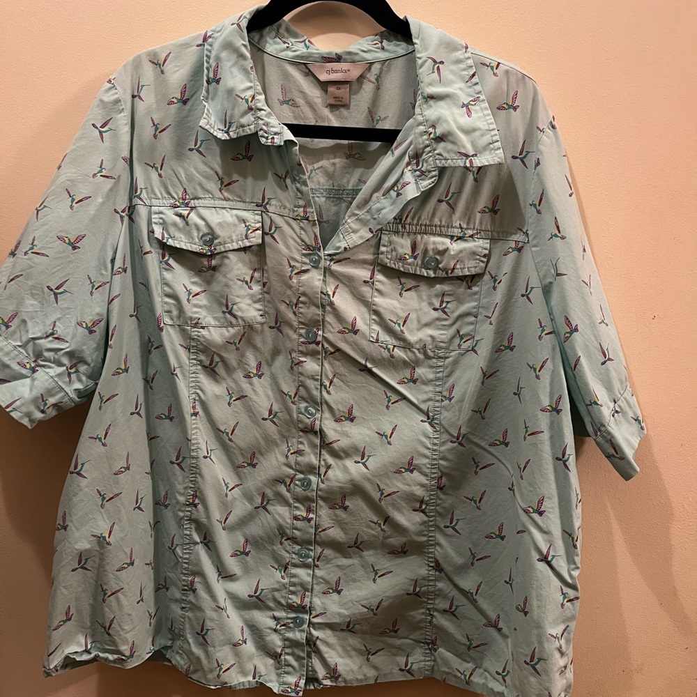 CJ Banks Aqua Shirt with Hummingbird Design